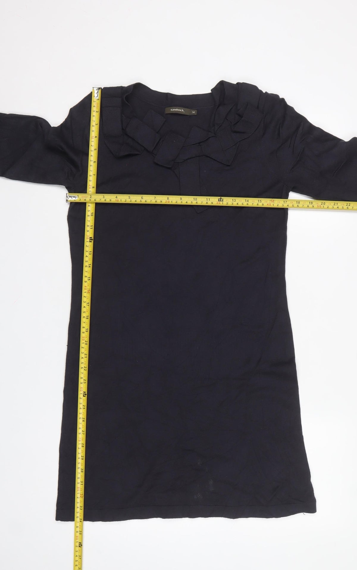 Sandwich Women Blue M Ruffle Neck Long Sleeve Knit Shift Dress