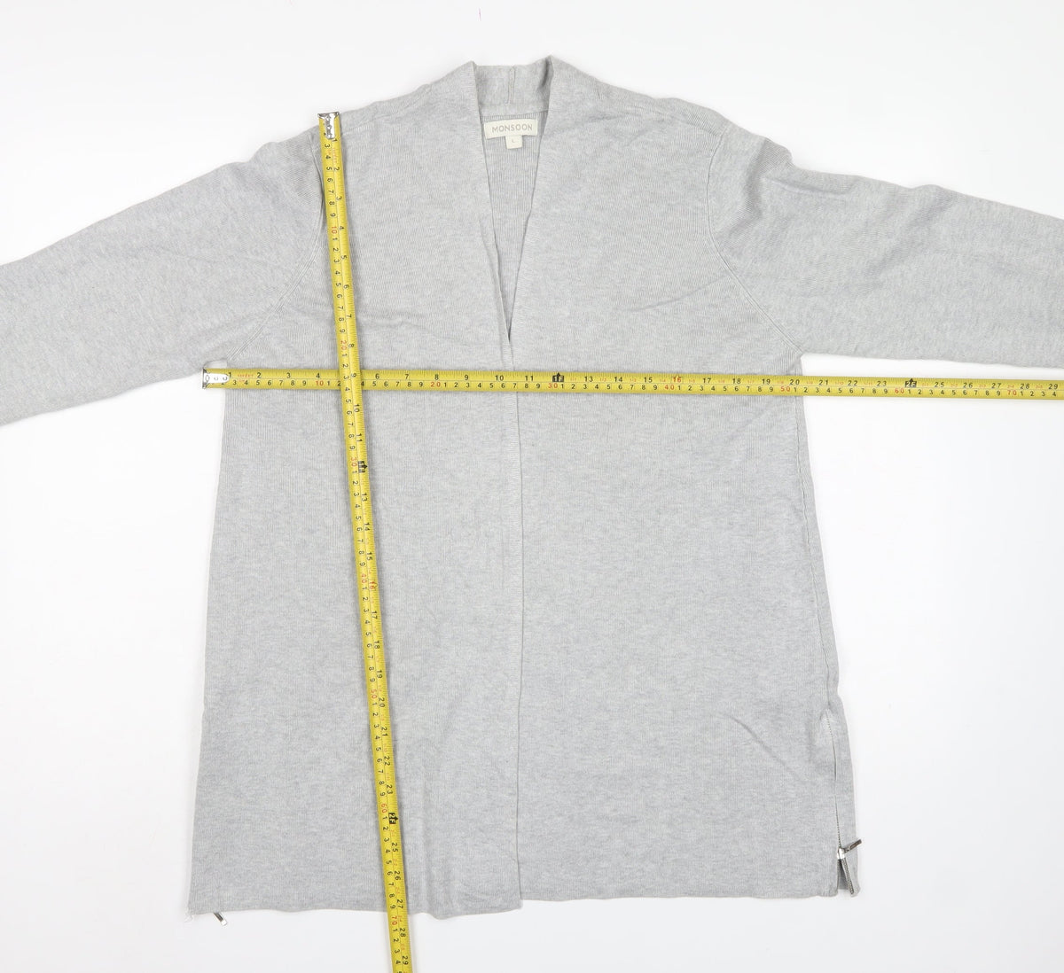 Monsoon Women Grey UK 14 Longline Open Knit Cardigan Side Zip