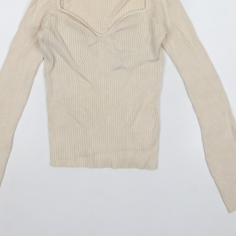 H&M Women Ivory M Rib Knit V-Neck Slim Fit Pullover Jumper