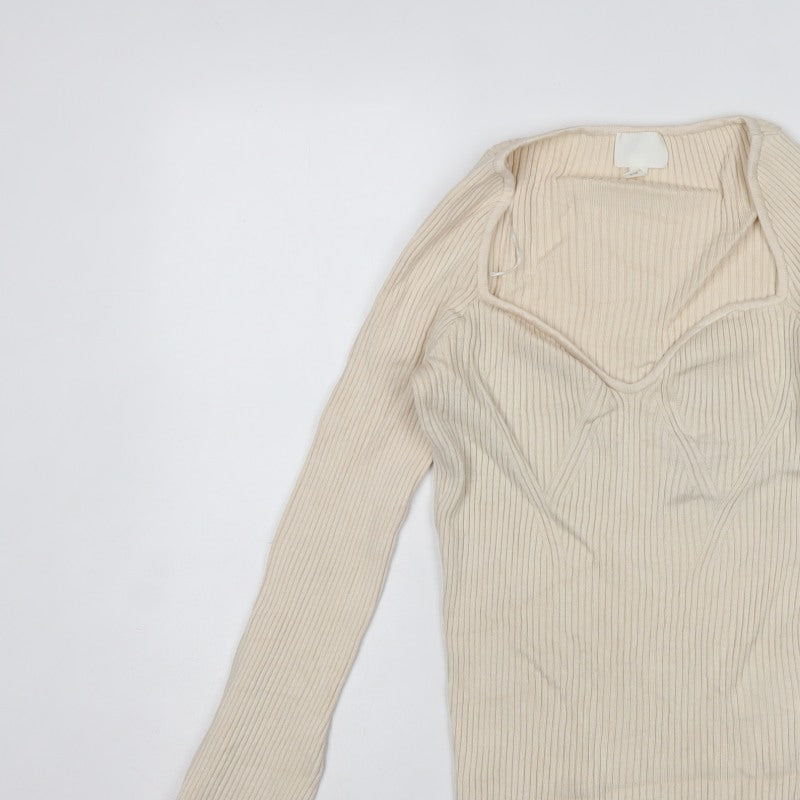 H&M Women Ivory M Rib Knit V-Neck Slim Fit Pullover Jumper