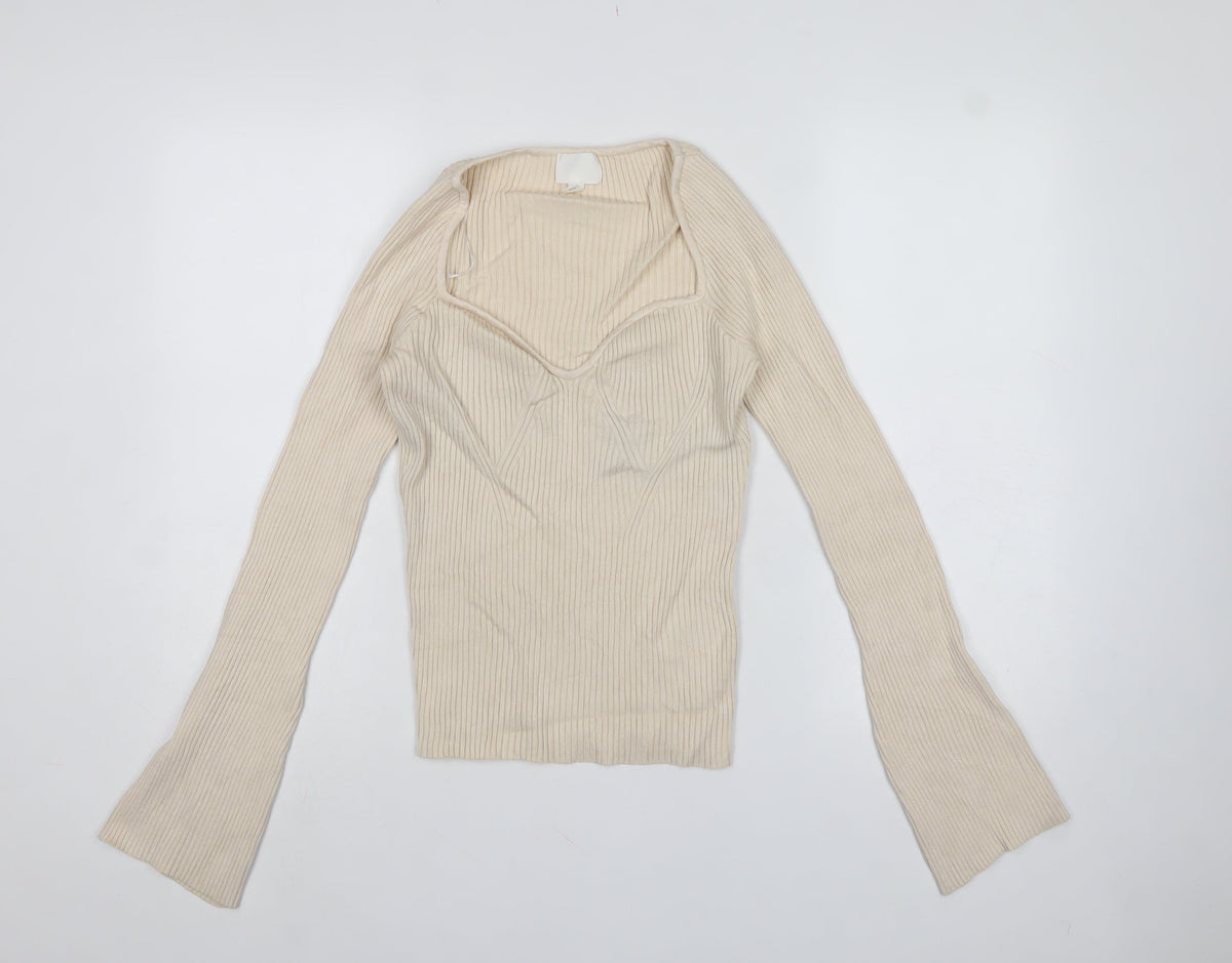 H&M Women Ivory M Rib Knit V-Neck Slim Fit Pullover Jumper