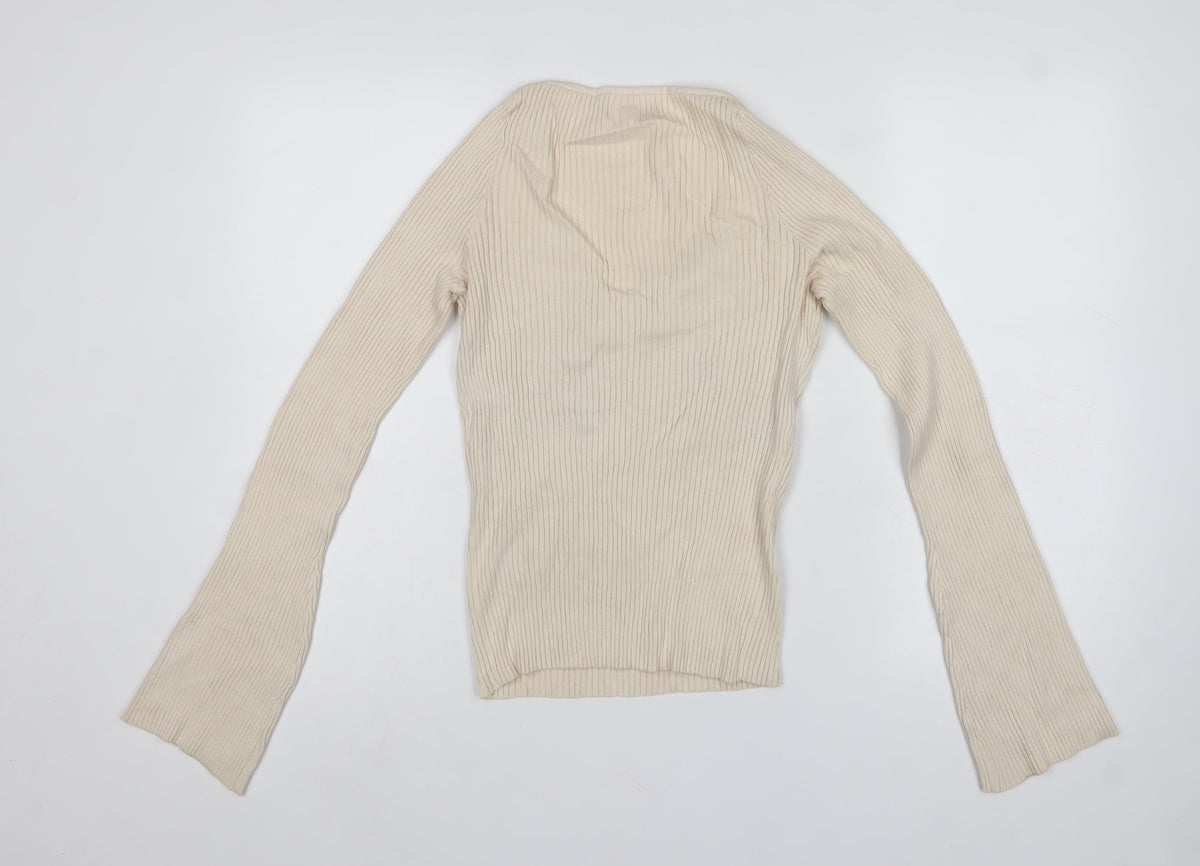 H&M Women Ivory M Rib Knit V-Neck Slim Fit Pullover Jumper