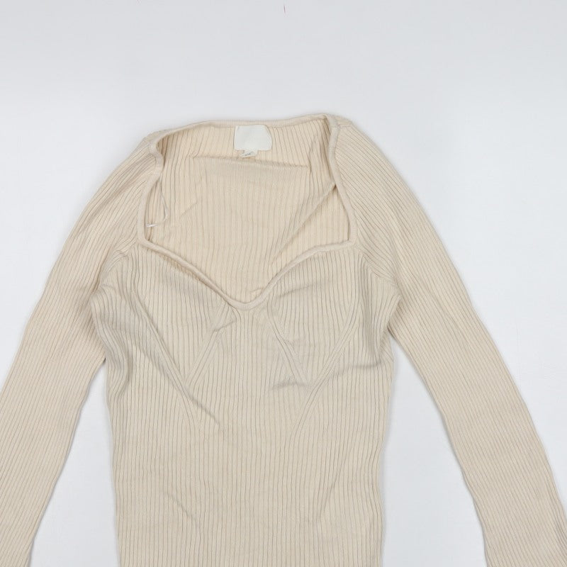 H&M Women Ivory M Rib Knit V-Neck Slim Fit Pullover Jumper