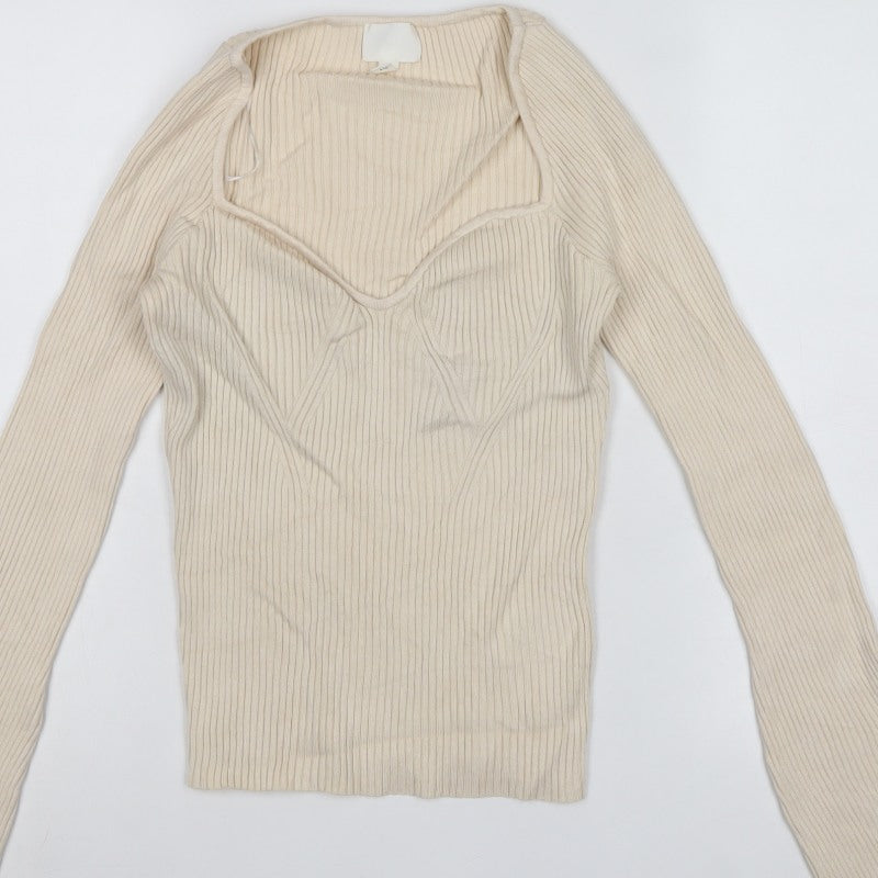 H&M Women Ivory M Rib Knit V-Neck Slim Fit Pullover Jumper