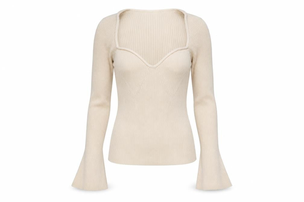 H&M Women Ivory M Rib Knit V-Neck Slim Fit Pullover Jumper