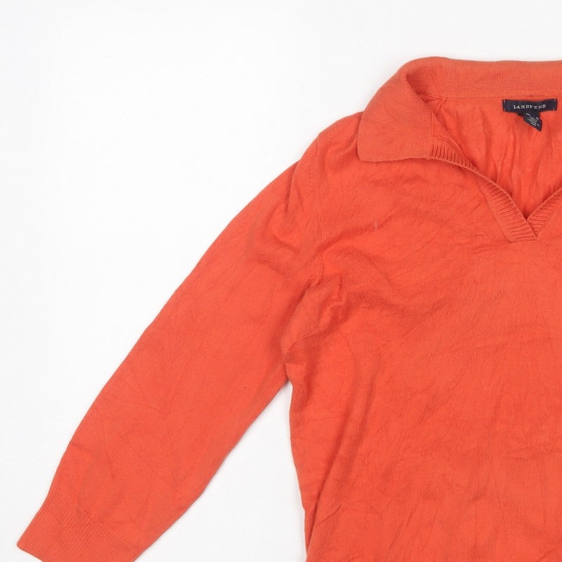 Lands' End Women Orange Cotton Collared V-Neck Knit Jumper Size S