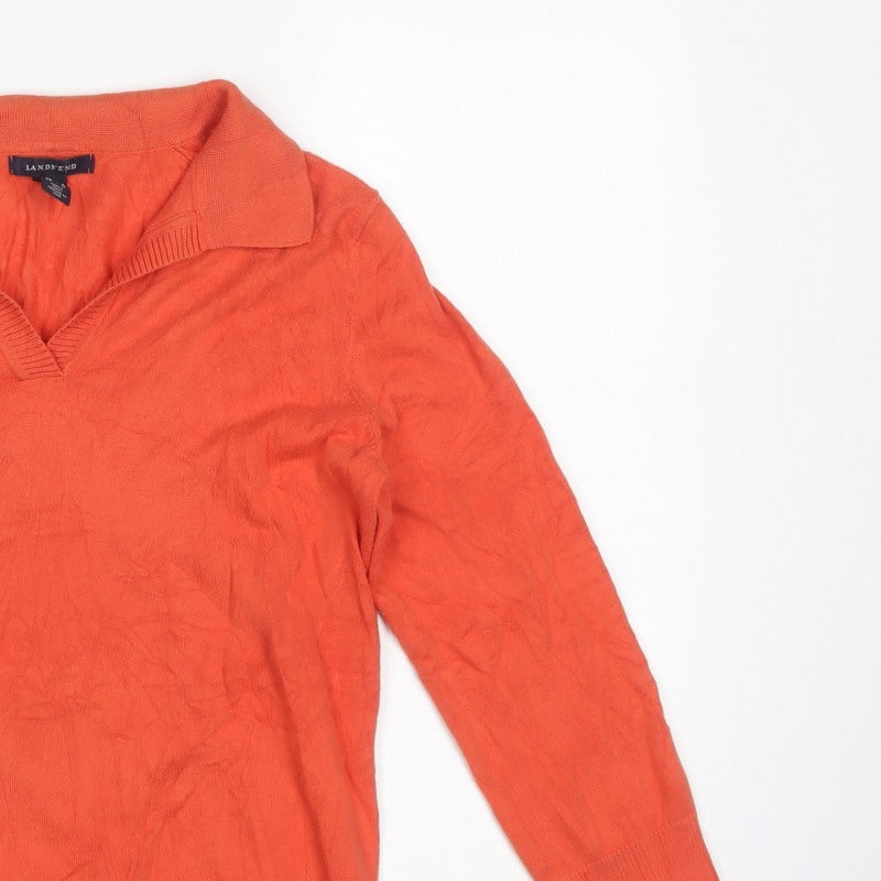 Lands' End Women Orange Cotton Collared V-Neck Knit Jumper Size S