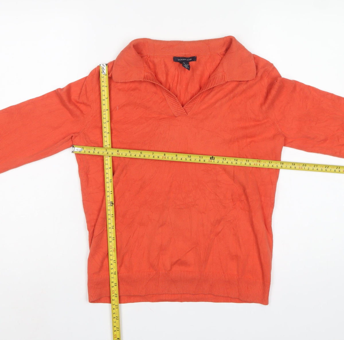 Lands' End Women Orange Cotton Collared V-Neck Knit Jumper Size S