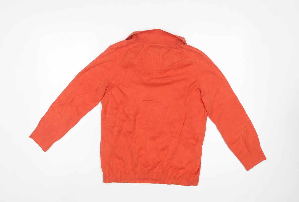 Lands' End Women Orange Cotton Collared V-Neck Knit Jumper Size S