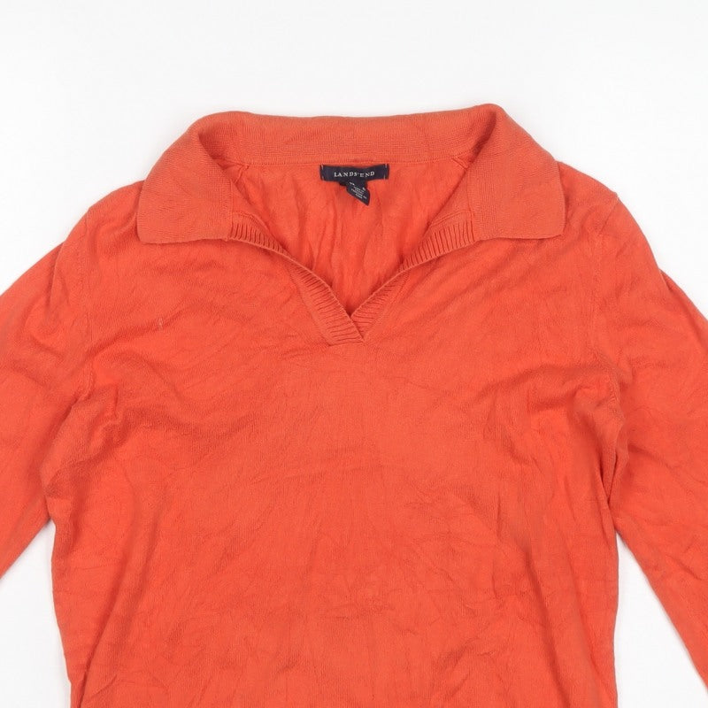 Lands' End Women Orange Cotton Collared V-Neck Knit Jumper Size S