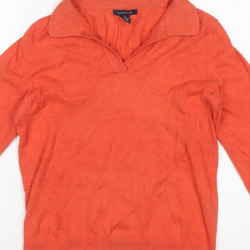 Lands' End Women Orange Cotton Collared V-Neck Knit Jumper Size S