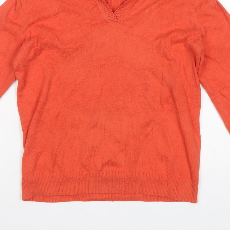 Lands' End Women Orange Cotton Collared V-Neck Knit Jumper Size S