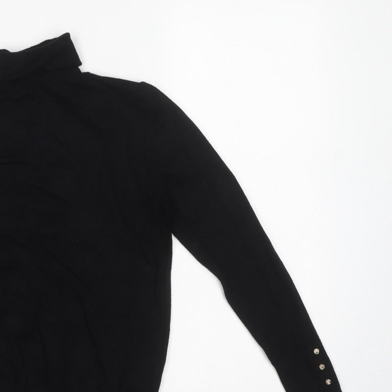 Zara Women Black UK 12 Roll Neck Knit Pullover Jumper Gold Button Cuffs