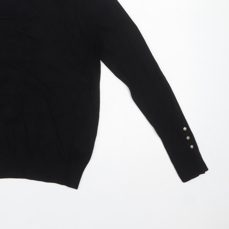 Zara Women Black UK 12 Roll Neck Knit Pullover Jumper Gold Button Cuffs