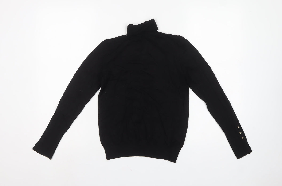 Zara Women Black UK 12 Roll Neck Knit Pullover Jumper Gold Button Cuffs