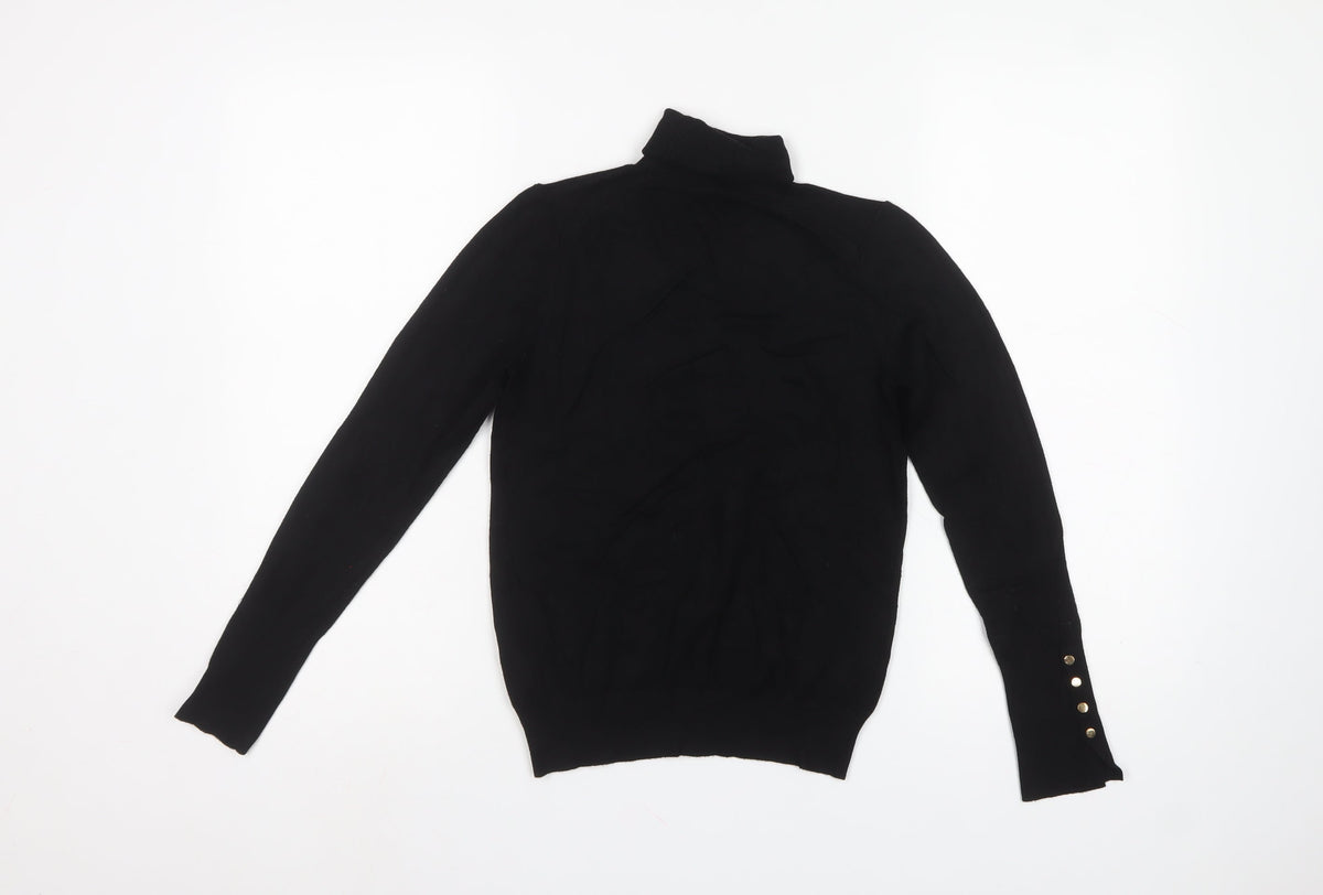 Zara Women Black UK 12 Roll Neck Knit Pullover Jumper Gold Button Cuffs