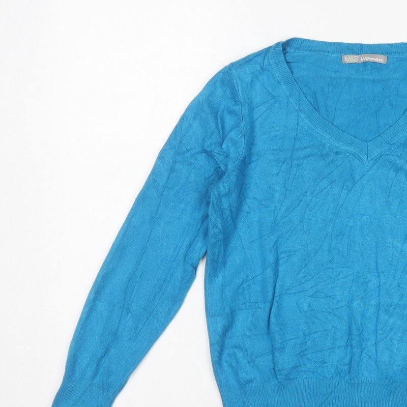 Marks & Spencer Women Blue UK 12 V-Neck Long Sleeve Knit Jumper