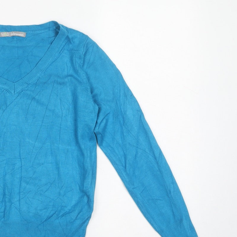 Marks & Spencer Women Blue UK 12 V-Neck Long Sleeve Knit Jumper