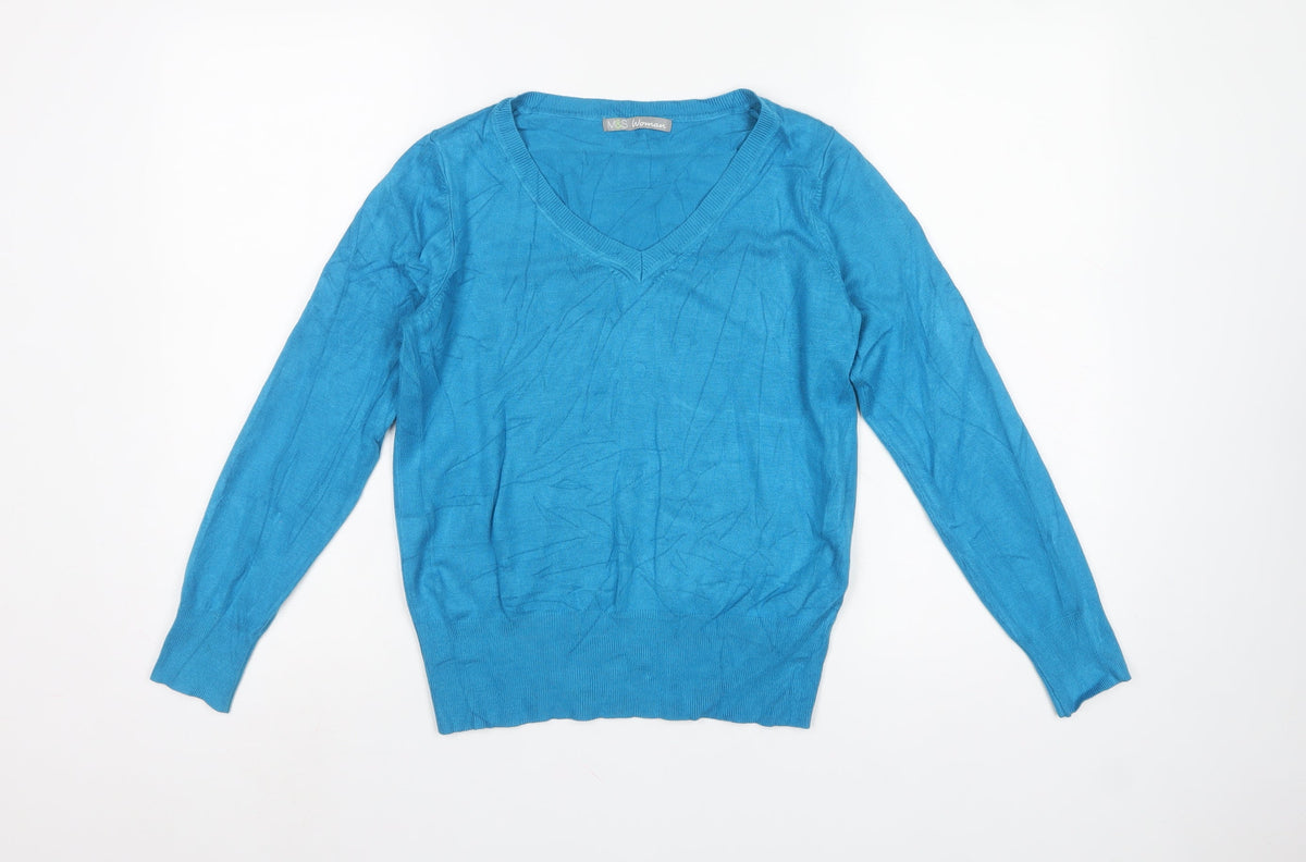 Marks & Spencer Women Blue UK 12 V-Neck Long Sleeve Knit Jumper