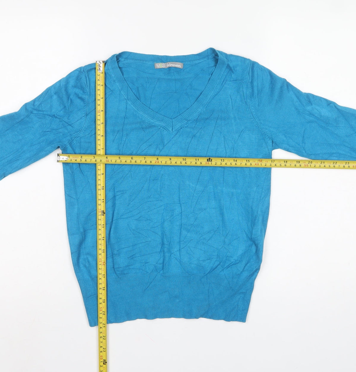 Marks & Spencer Women Blue UK 12 V-Neck Long Sleeve Knit Jumper
