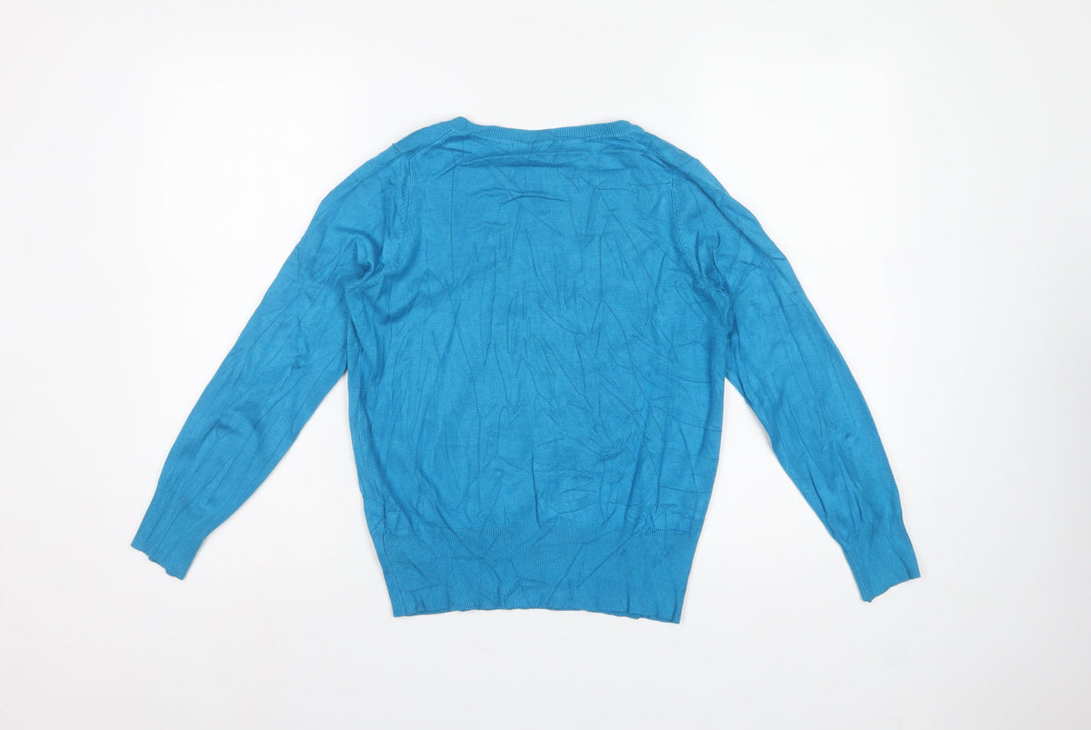 Marks & Spencer Women Blue UK 12 V-Neck Long Sleeve Knit Jumper