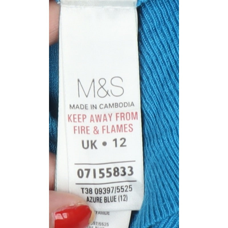 Marks & Spencer Women Blue UK 12 V-Neck Long Sleeve Knit Jumper
