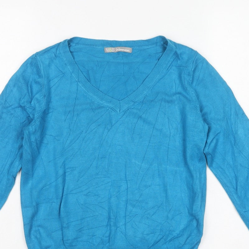 Marks & Spencer Women Blue UK 12 V-Neck Long Sleeve Knit Jumper