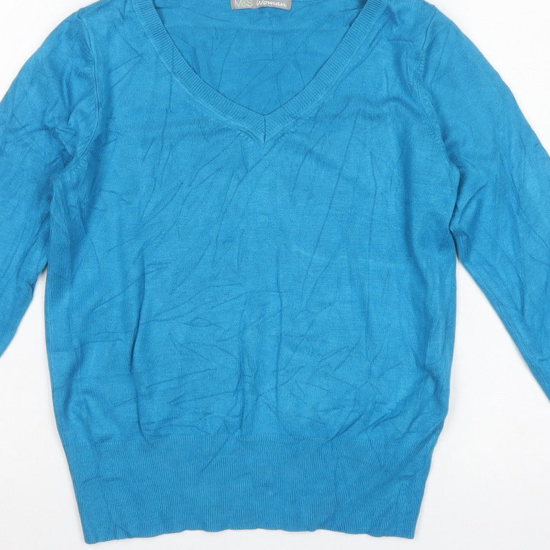 Marks & Spencer Women Blue UK 12 V-Neck Long Sleeve Knit Jumper