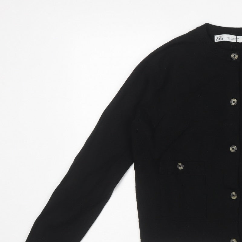 Zara Women Black Size S Button Front Knit Cardigan Crew Neck Pockets