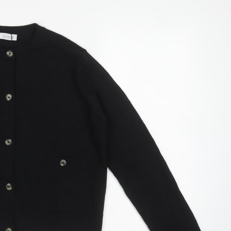 Zara Women Black Size S Button Front Knit Cardigan Crew Neck Pockets