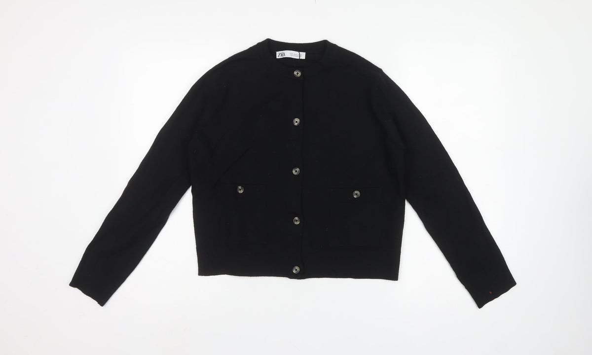 Zara Women Black Size S Button Front Knit Cardigan Crew Neck Pockets