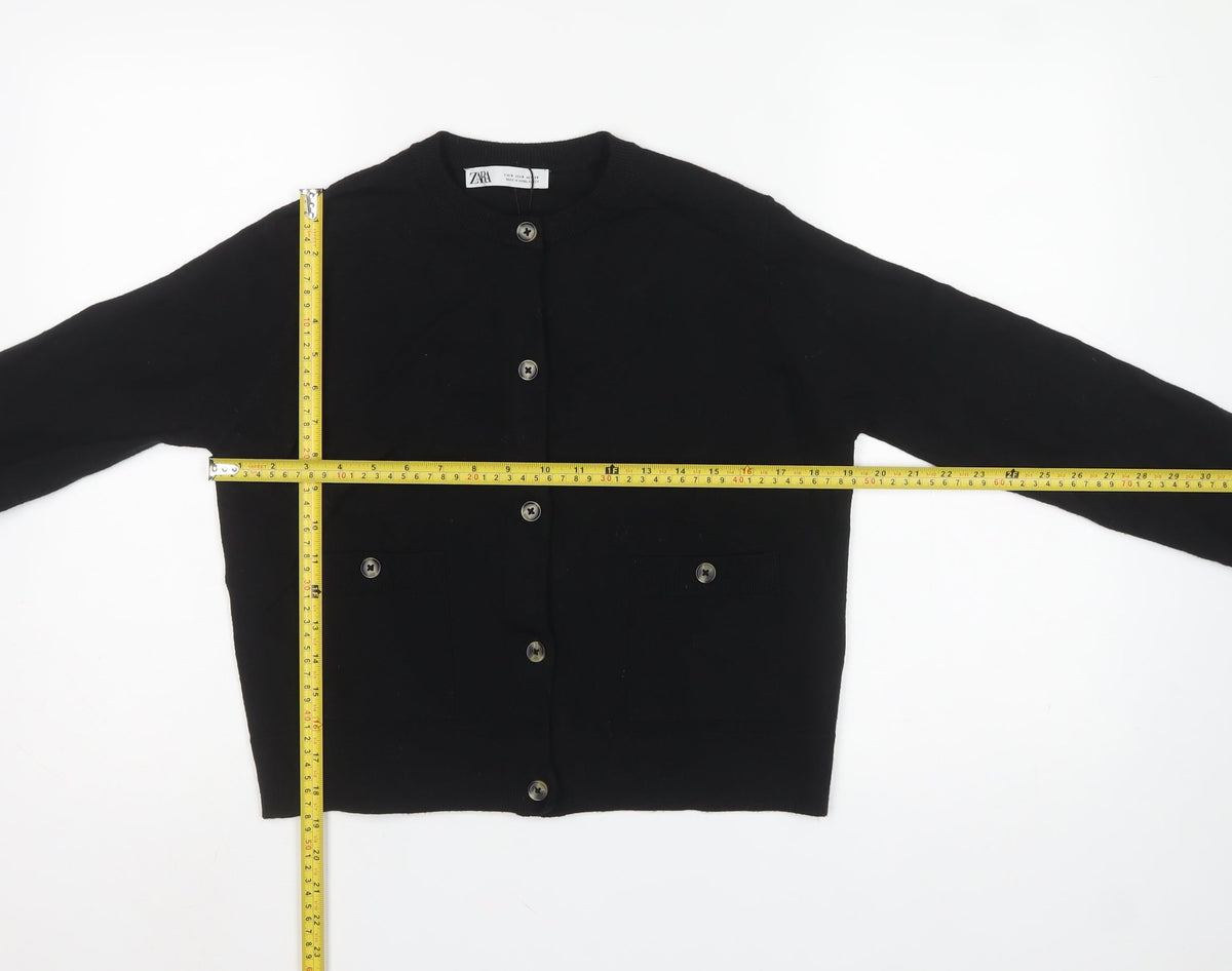 Zara Women Black Size S Button Front Knit Cardigan Crew Neck Pockets