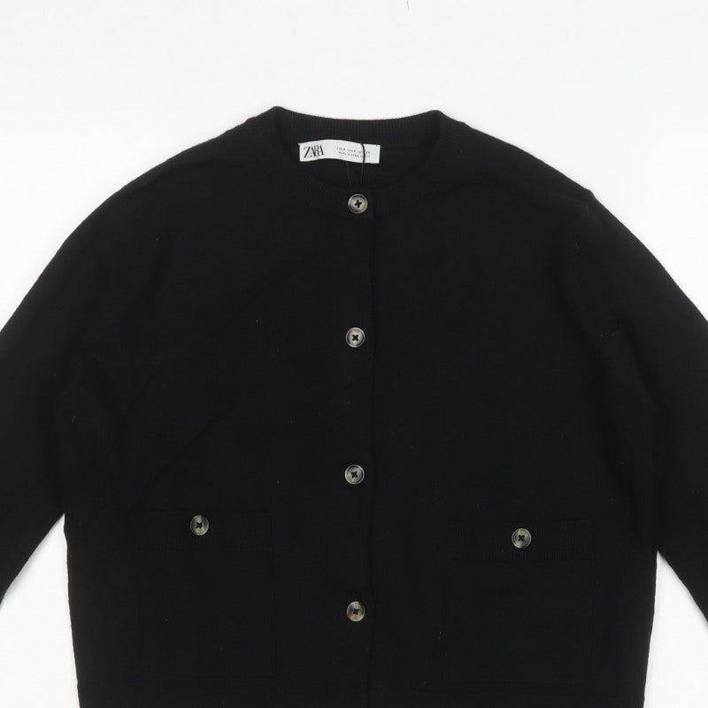 Zara Women Black Size S Button Front Knit Cardigan Crew Neck Pockets