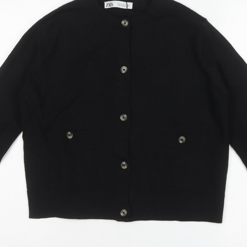 Zara Women Black Size S Button Front Knit Cardigan Crew Neck Pockets