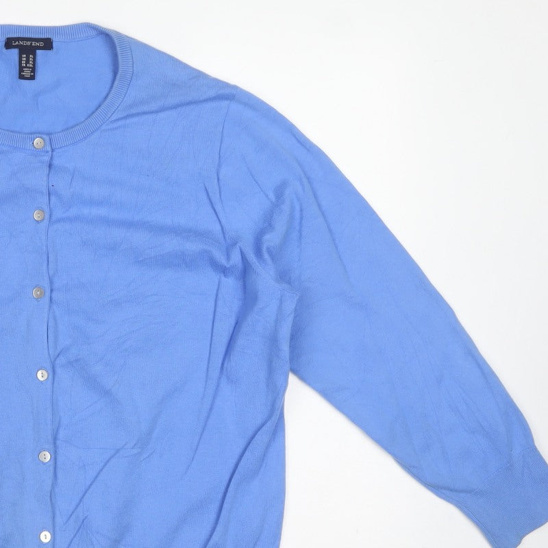 Lands' End Women Blue XL Crew Neck Button Knit Cardigan