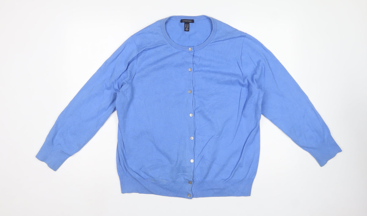 Lands' End Women Blue XL Crew Neck Button Knit Cardigan