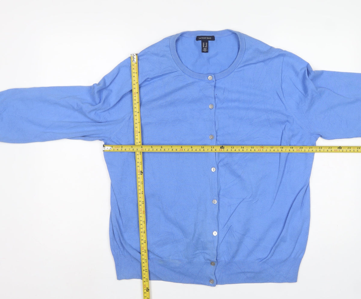 Lands' End Women Blue XL Crew Neck Button Knit Cardigan