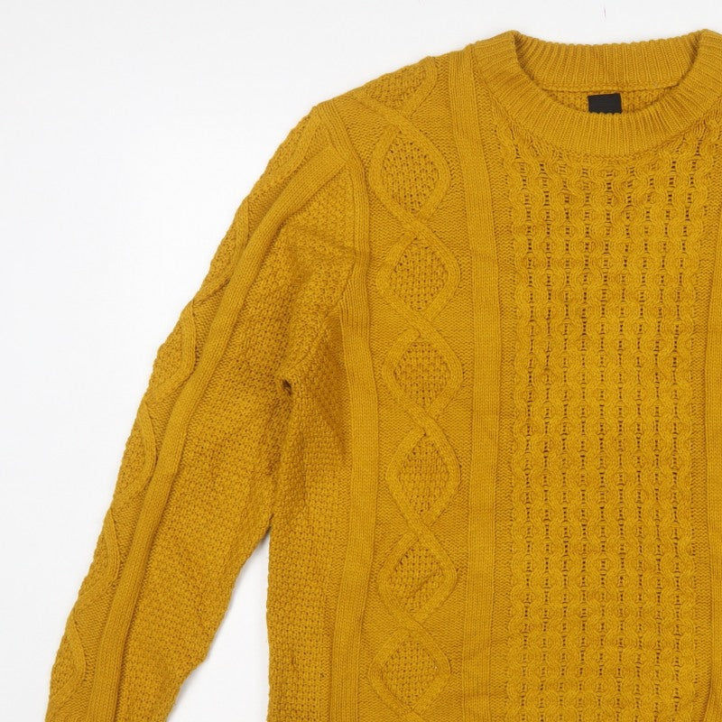 River Island Men’s Yellow XL Cable-Knit Crew Neck Pullover Jumper