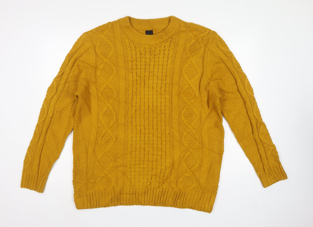 River Island Men’s Yellow XL Cable-Knit Crew Neck Pullover Jumper