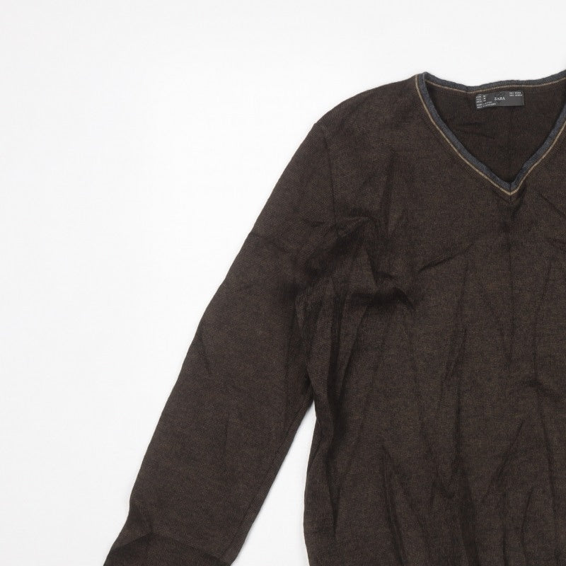 Zara Men’s Brown V-Neck Wool Blend Knit Pullover Jumper Size M