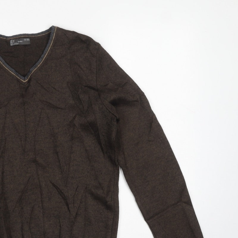 Zara Men’s Brown V-Neck Wool Blend Knit Pullover Jumper Size M