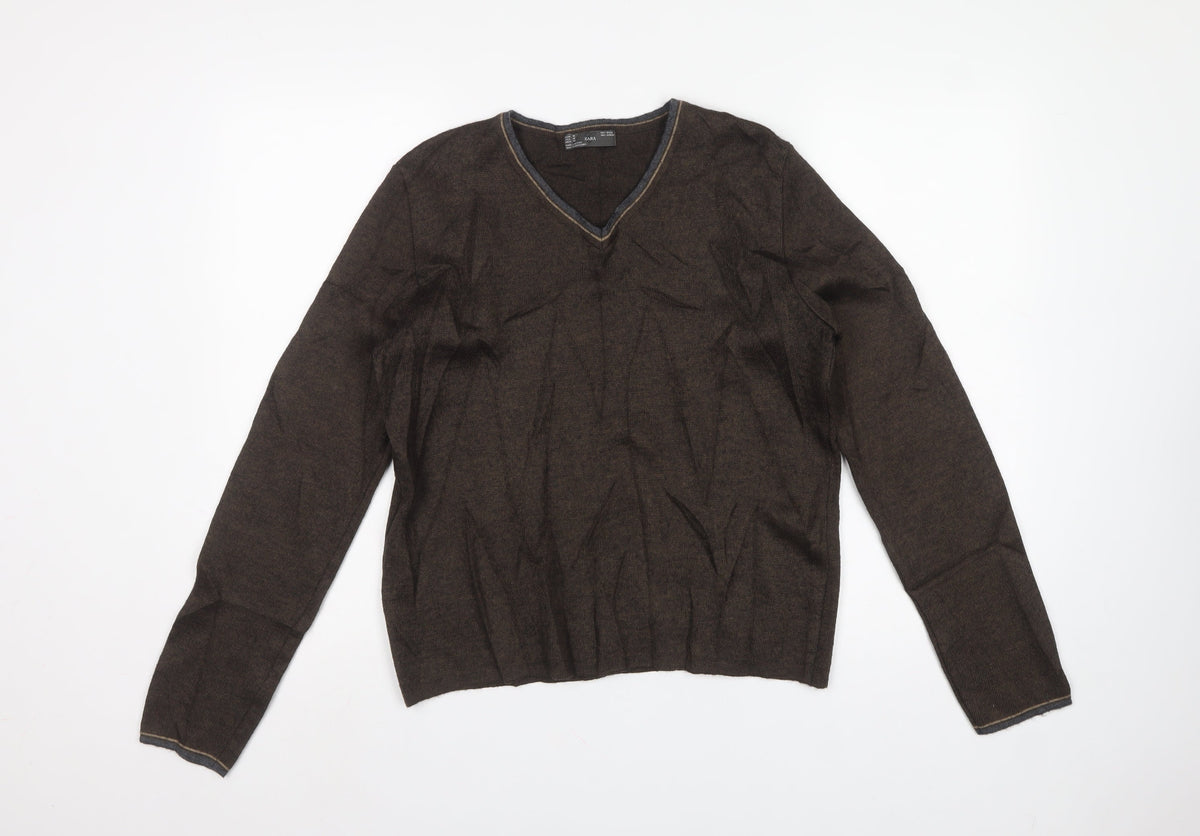 Zara Men’s Brown V-Neck Wool Blend Knit Pullover Jumper Size M