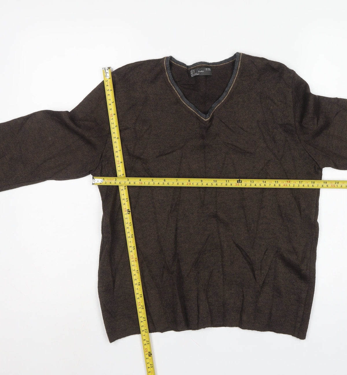 Zara Men’s Brown V-Neck Wool Blend Knit Pullover Jumper Size M