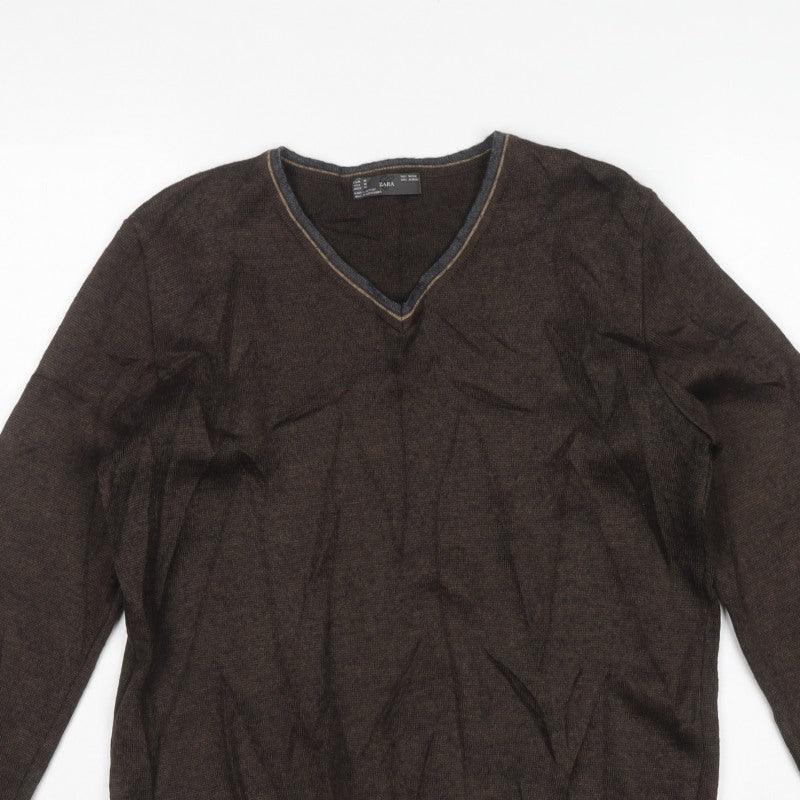 Zara Men’s Brown V-Neck Wool Blend Knit Pullover Jumper Size M
