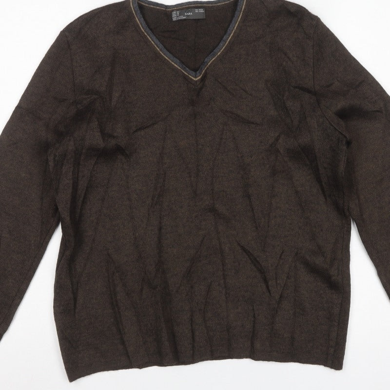 Zara Men’s Brown V-Neck Wool Blend Knit Pullover Jumper Size M