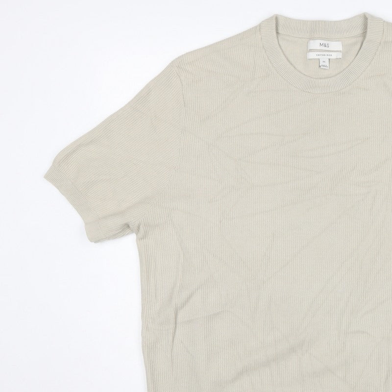 Marks and Spencer Men’s Beige 2XL Cotton Rich Short Sleeve Jumper