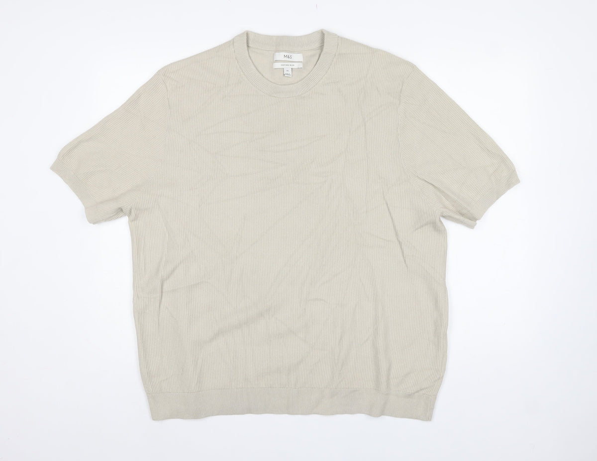 Marks and Spencer Men’s Beige 2XL Cotton Rich Short Sleeve Jumper