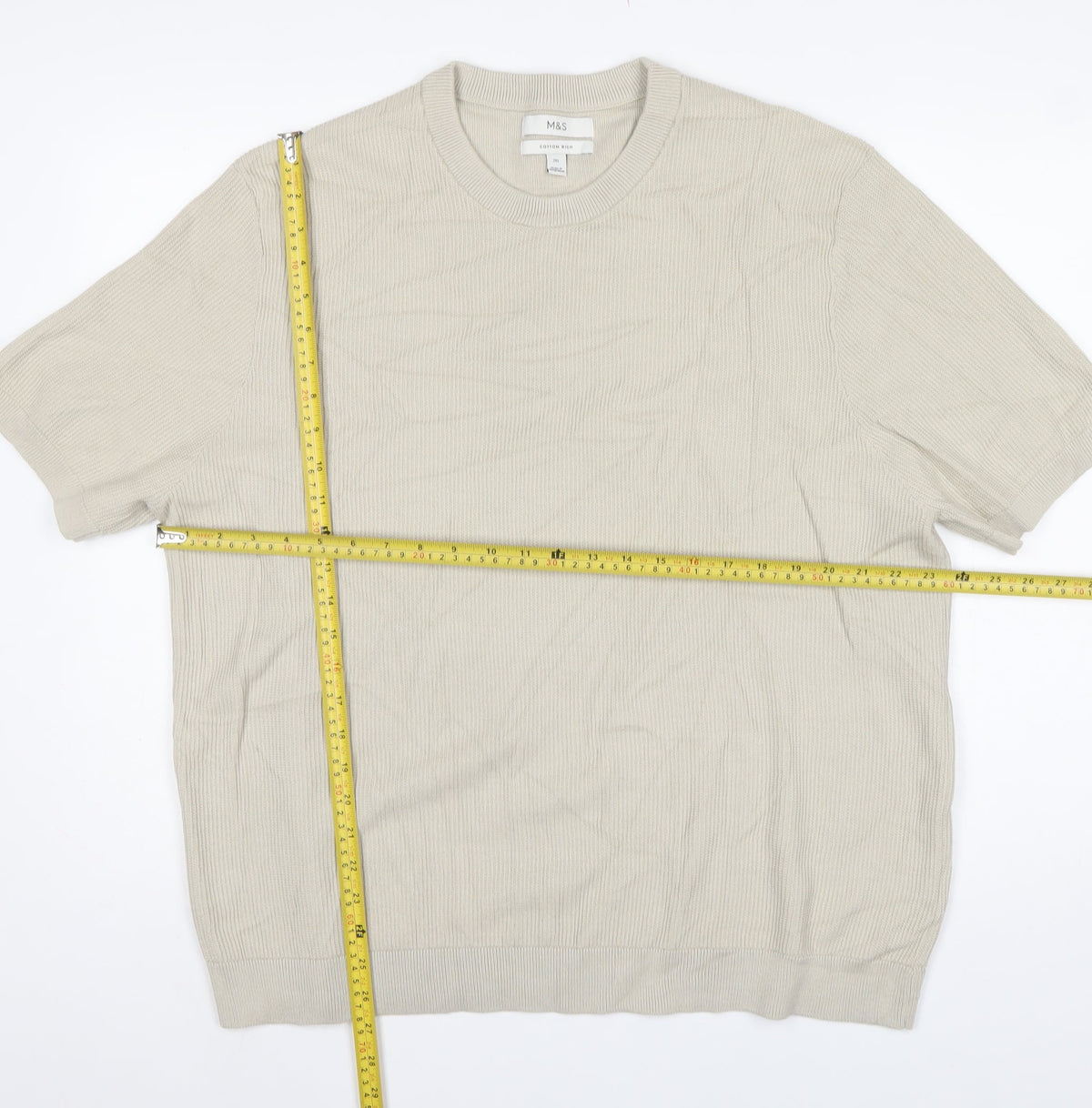 Marks and Spencer Men’s Beige 2XL Cotton Rich Short Sleeve Jumper