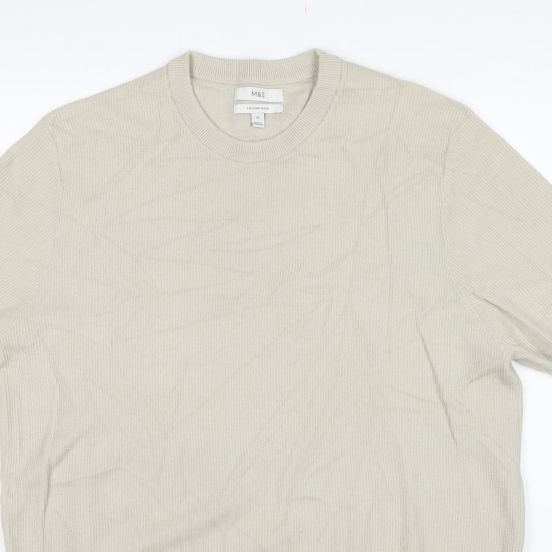 Marks and Spencer Men’s Beige 2XL Cotton Rich Short Sleeve Jumper