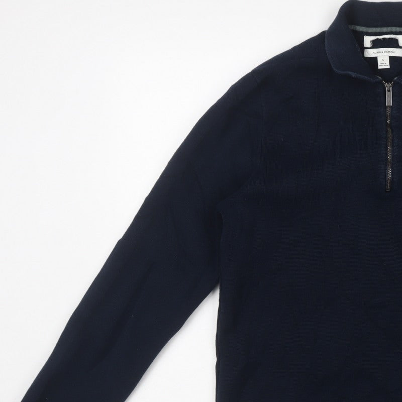 Marks and Spencer Men’s Blue Supima Cotton S Half Zip Collared Jumper